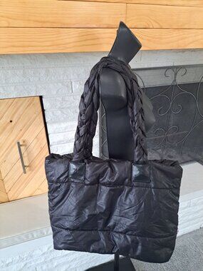Kim Kardashian Black Quilted Tote Bag Purse With Braided Handles & Logo Puffy